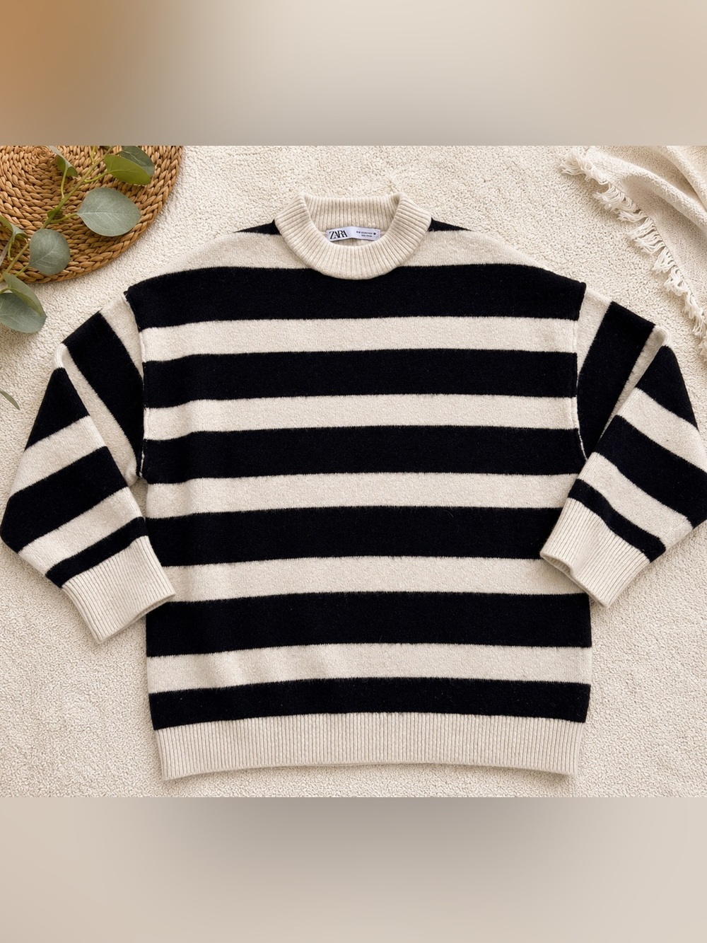 ZARA Black & Cream Striped Knit Sweater Mock Neck Long Sleeve Size M